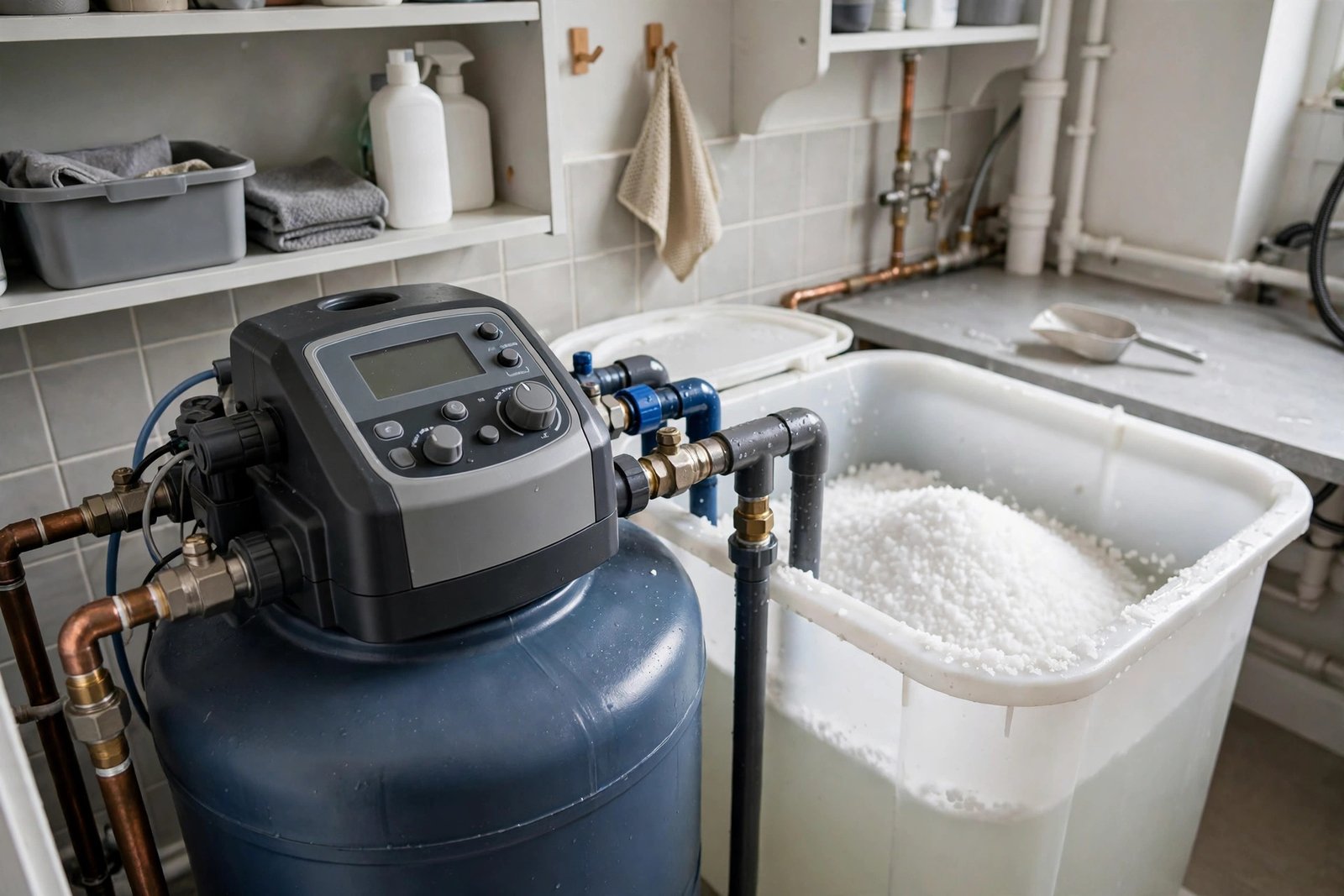 Water softener control panel and brine tank in a utility room