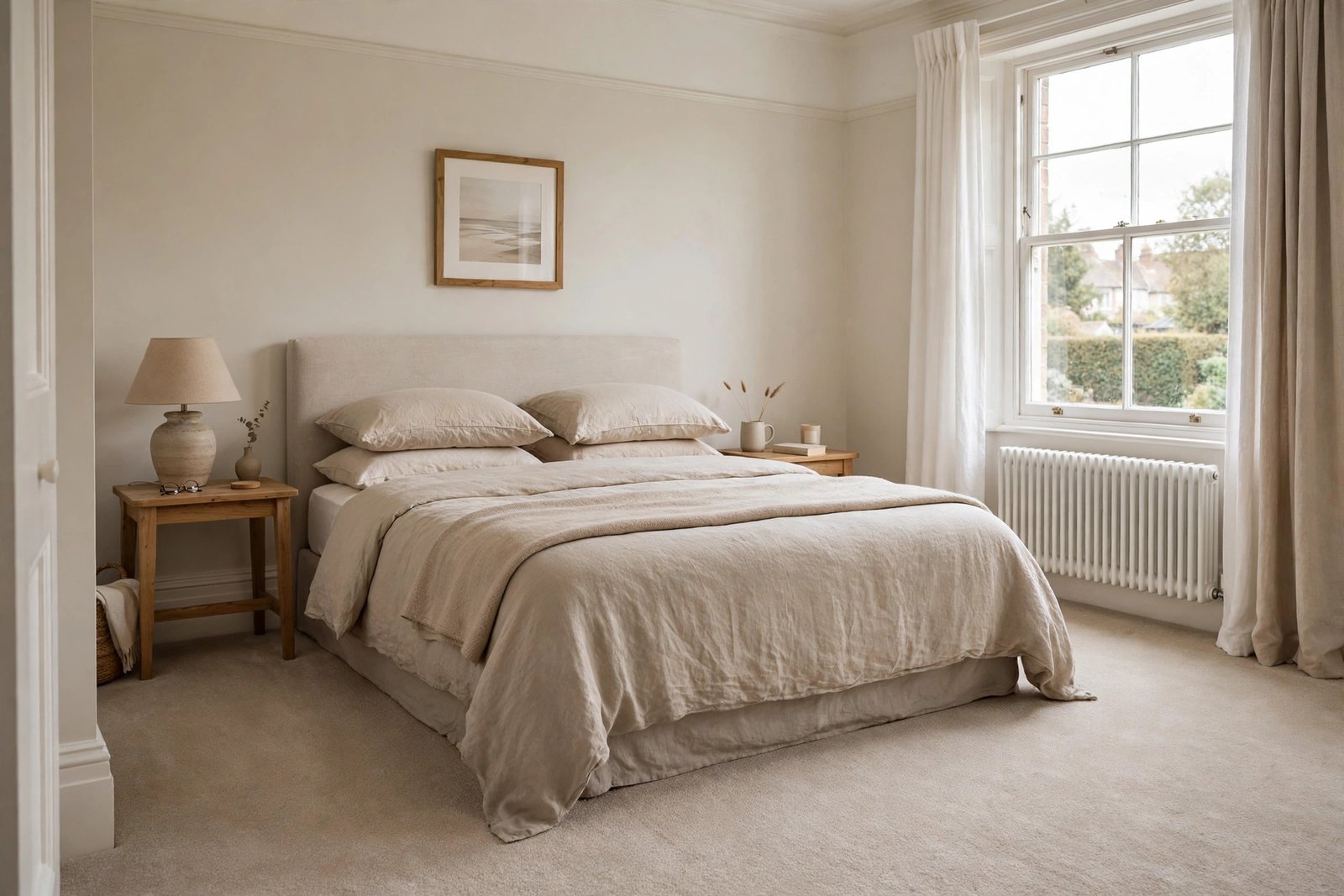 Freshly carpeted main bedroom with neutral beige carpet in a UK three-bedroom house