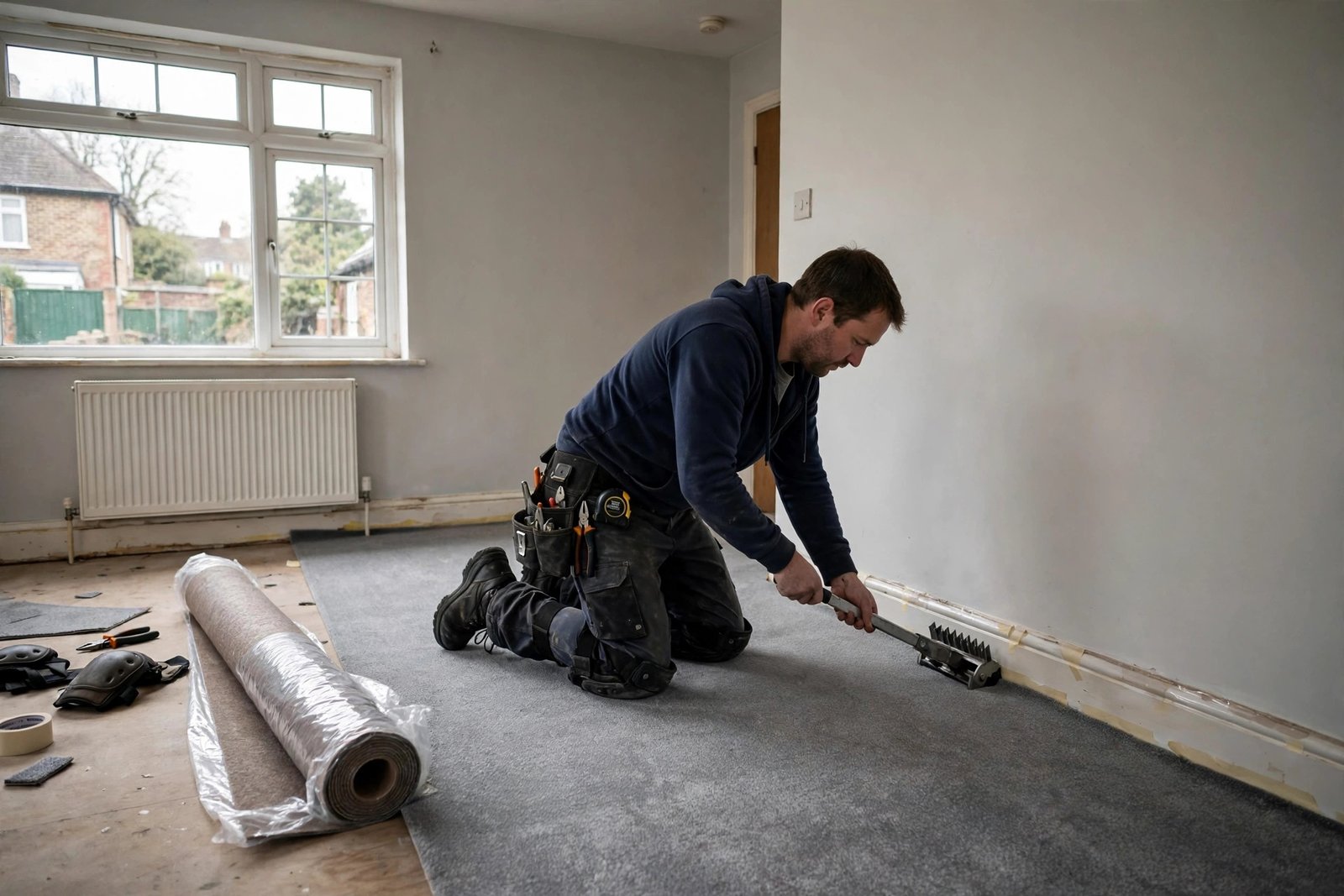 Carpet fitter installing grey carpet with a stretcher tool and underlay in a UK home