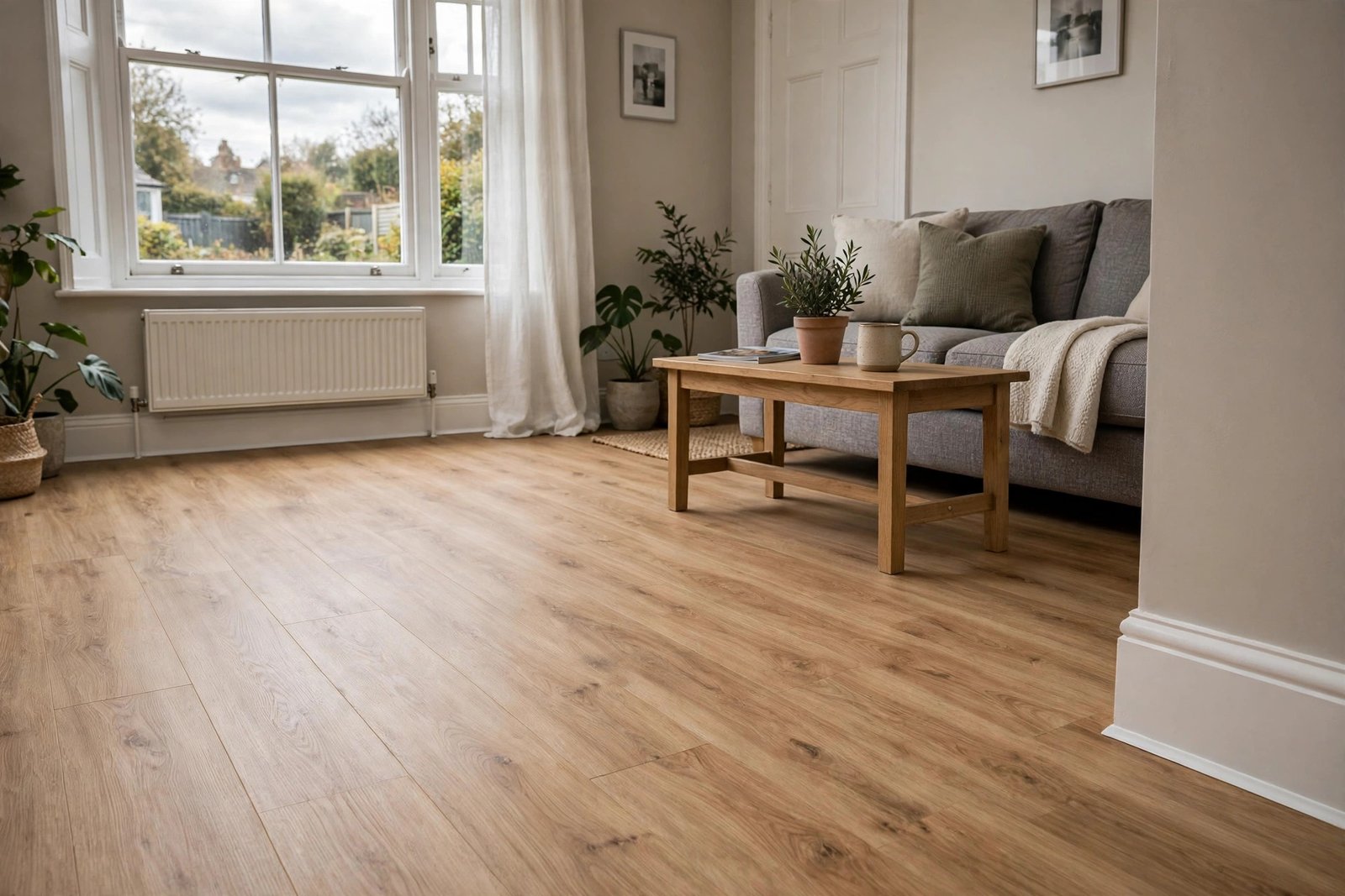 Newly fitted laminate floor with white beading trim along the skirting board in a UK living room