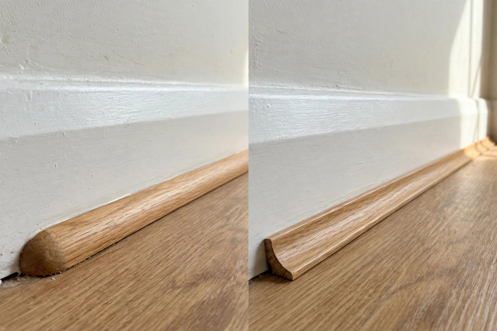Close-up comparing beading and scotia trim fitted against a skirting board