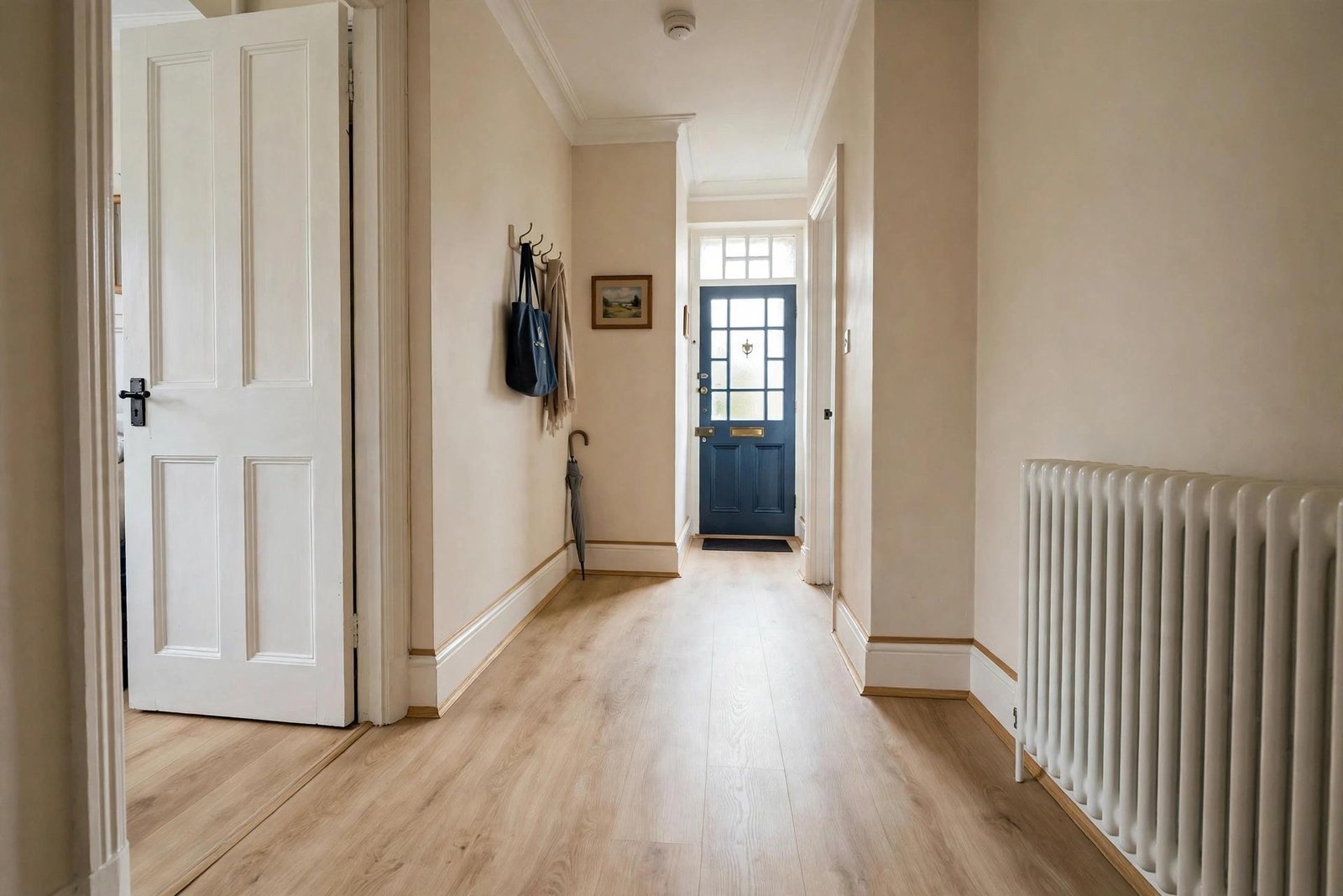 Light oak laminate flooring in a UK hallway with beading trim covering the expansion gap