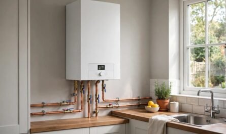 Modern combi boiler mounted on a UK kitchen wall with copper pipework