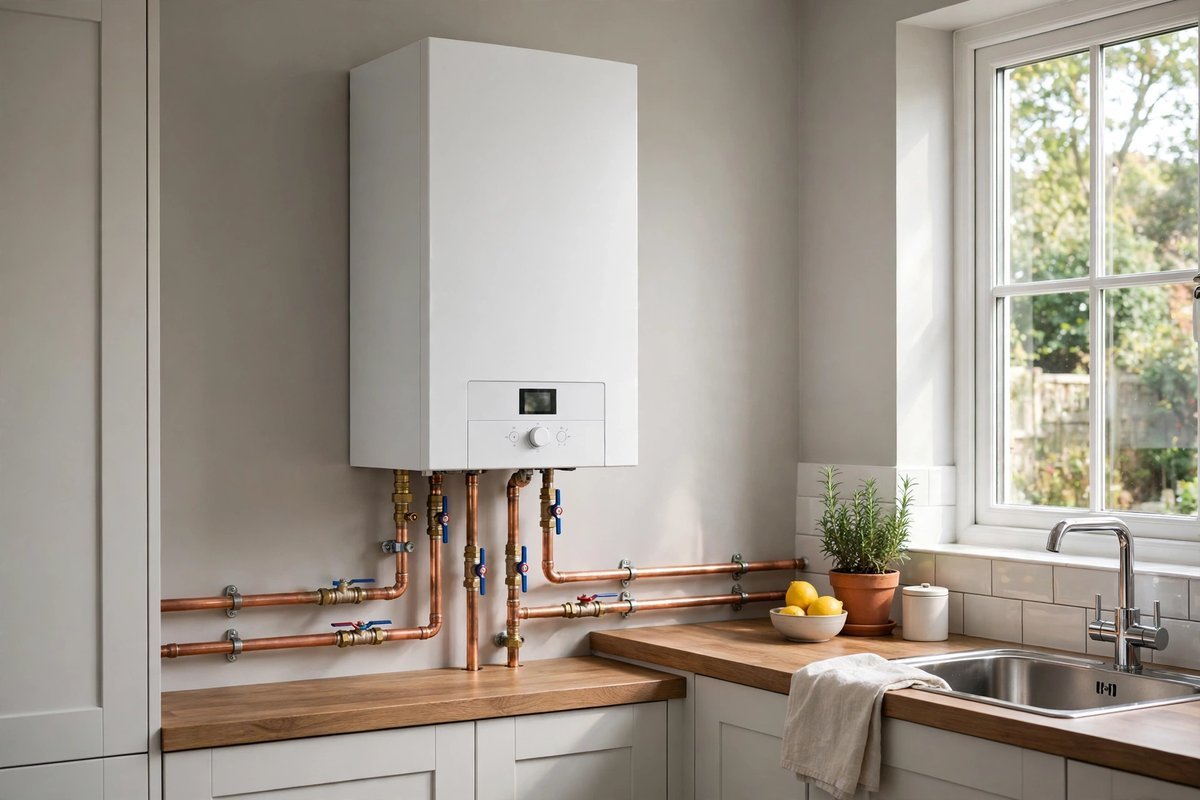 Modern combi boiler mounted on a UK kitchen wall with copper pipework
