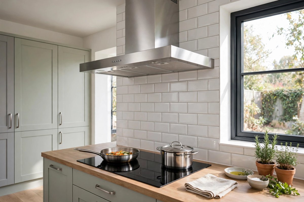 Stainless steel cooker extractor hood over a hob in a UK kitchen
