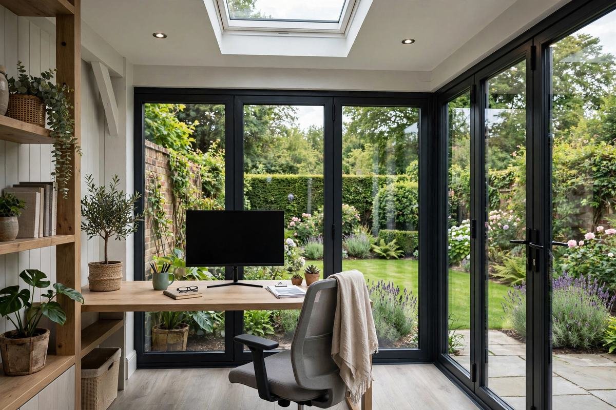 Garden home office interior with a desk setup and UK garden visible through the windows