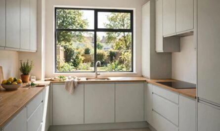Modern UK kitchen with clean flat-front cabinets in bright daylight
