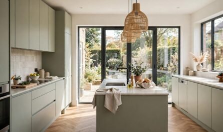 Modern handleless UK kitchen with sage green units, island, rattan pendant lights and bifold doors to the garden