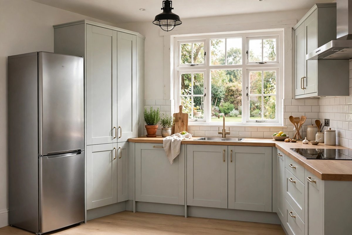Freestanding fridge freezer standing beside fitted kitchen cabinets in a UK kitchen