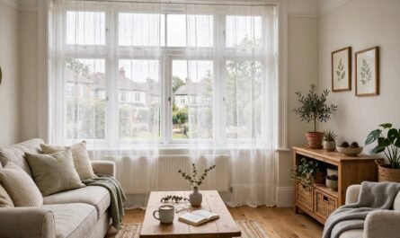 Bright UK living room with white net curtains covering a large window, sofa and wooden coffee table in daylight