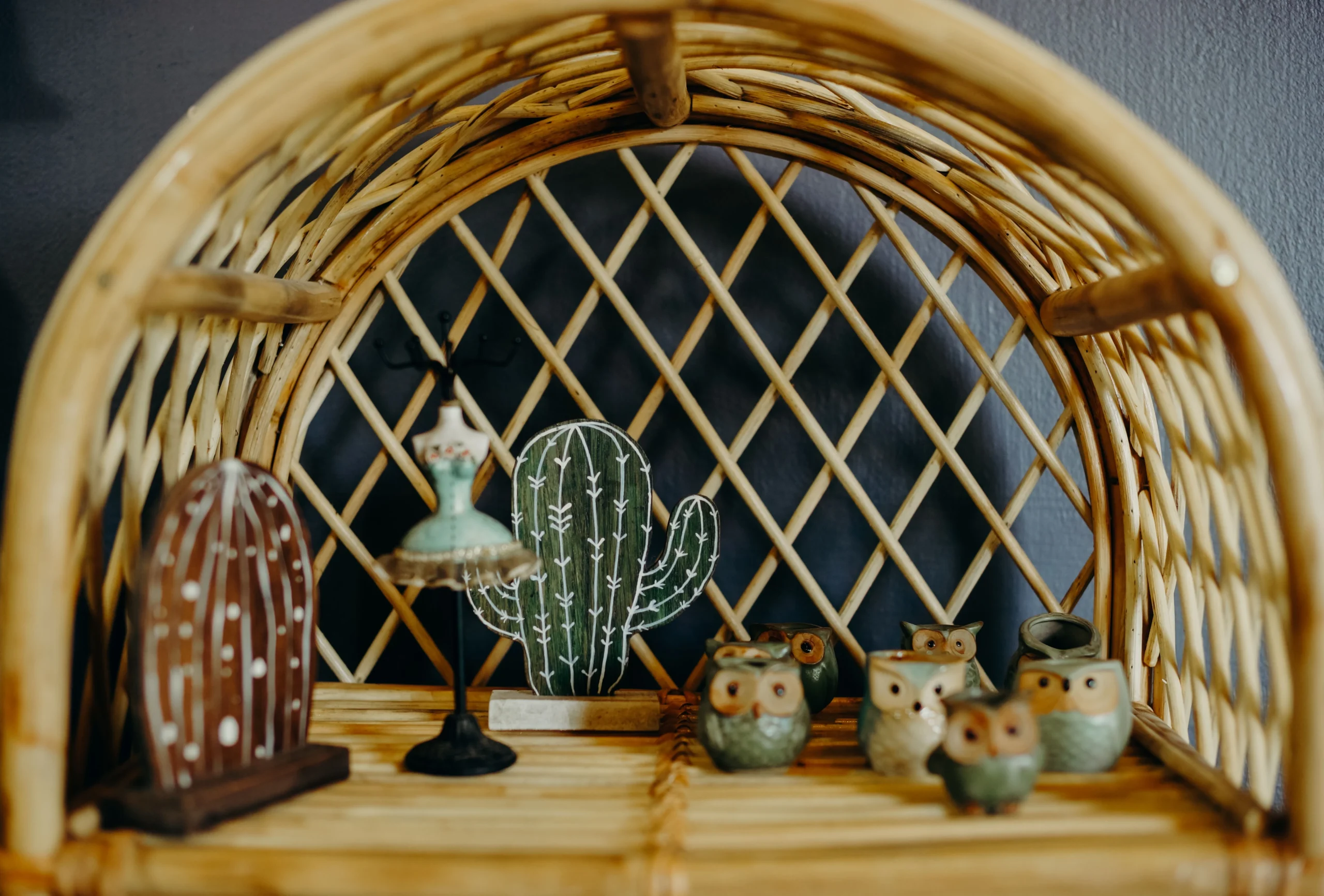 quirky owl and cactus figurine shelf decor