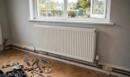 Central heating radiator in a UK home with engineer tools nearby