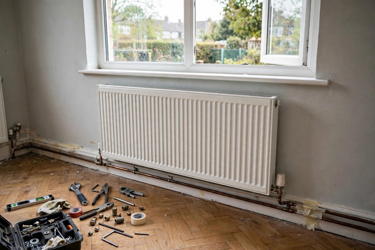 Central heating radiator in a UK home with engineer tools nearby