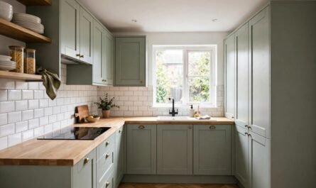 Compact modern UK kitchen with sage green shaker cabinets, wooden worktops and white metro tiles