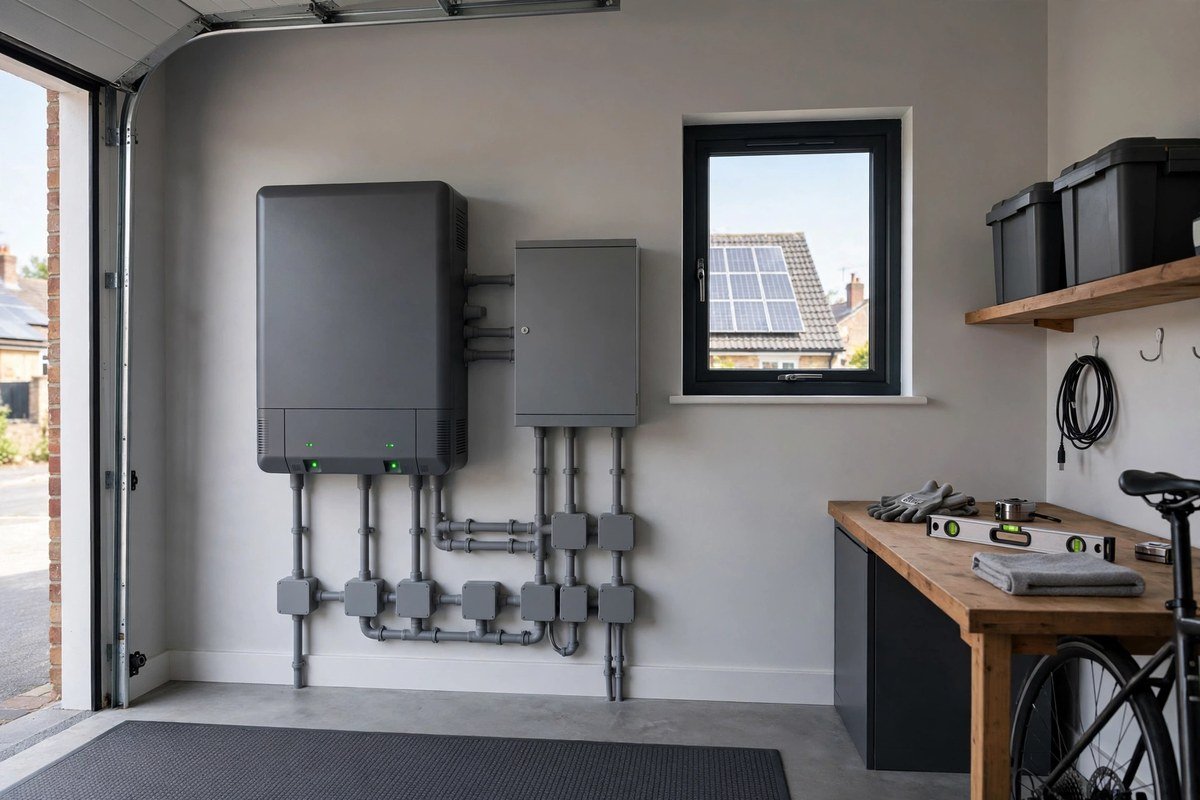 Wall-mounted solar battery storage unit in a UK garage with solar panels visible through the window