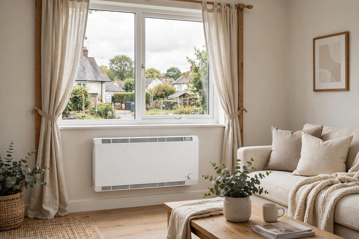 Wall-mounted electric storage heater beneath a window in a UK living room
