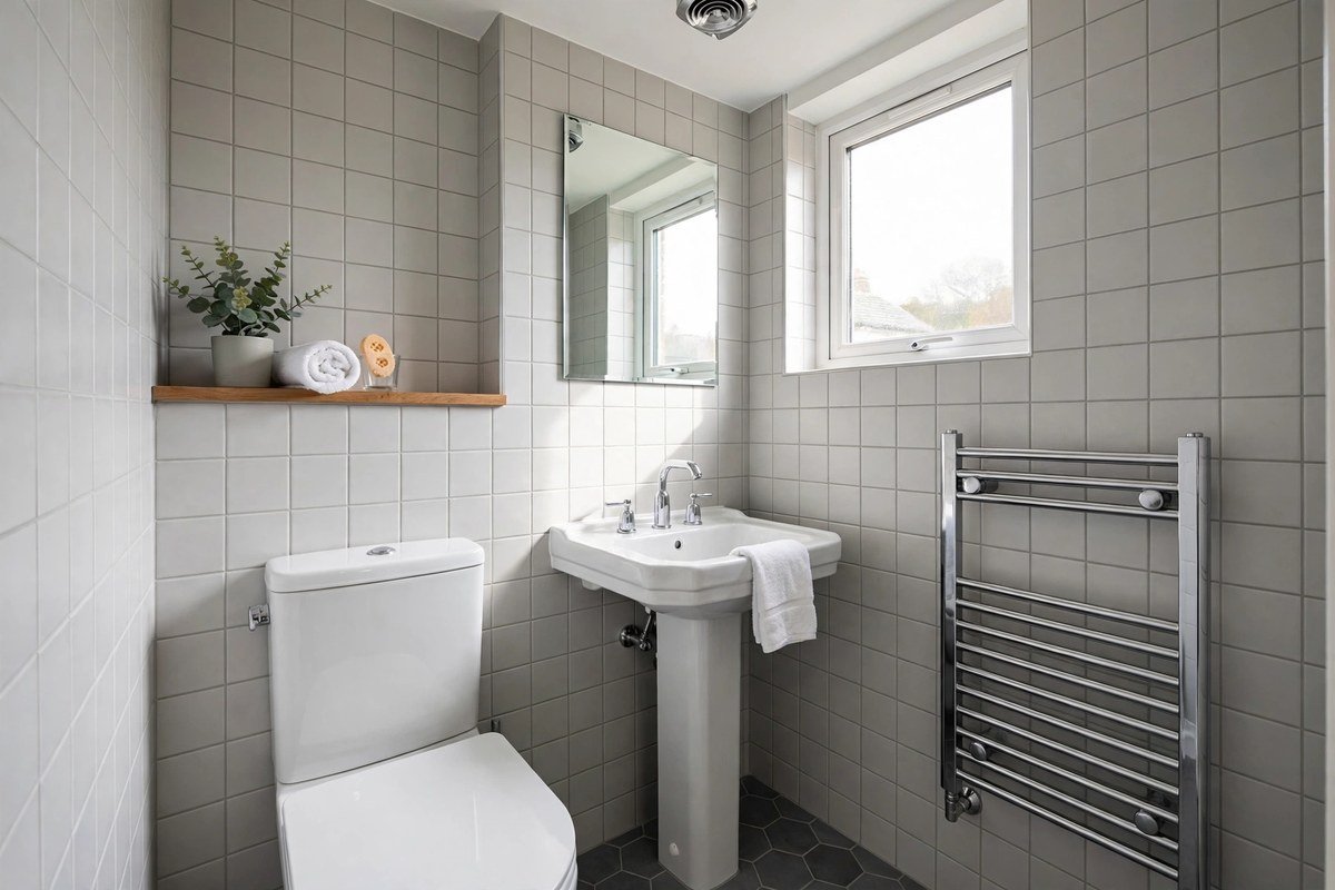Small newly tiled UK bathroom with light grey wall tiles, white suite and chrome fittings